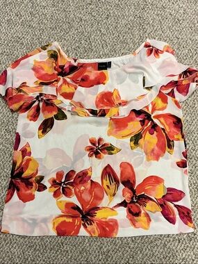 Rafaella White Off-Shoulder Floral Blouse with Red & Yellow Blooms. Size L